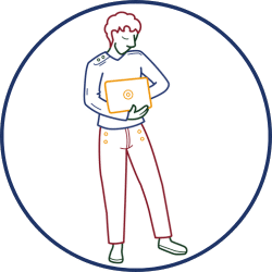 Illustration d'un jeune homme qui tient un ordinateur portable calé sur son bras gauche. © Foyer Fraternel