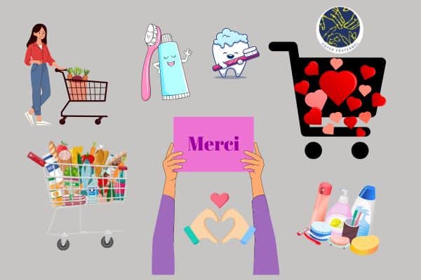 Image d'illustration de l'article : différentes illustrations (deux caddies, des produits d'hygiène et alimentaire et deux mains qui tiennent une pancarte sur laquelle est écrit "Merci").