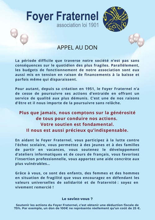 Appel au don pour les activités du Foyer Fraternel au service des familles et personnes en grande précarité