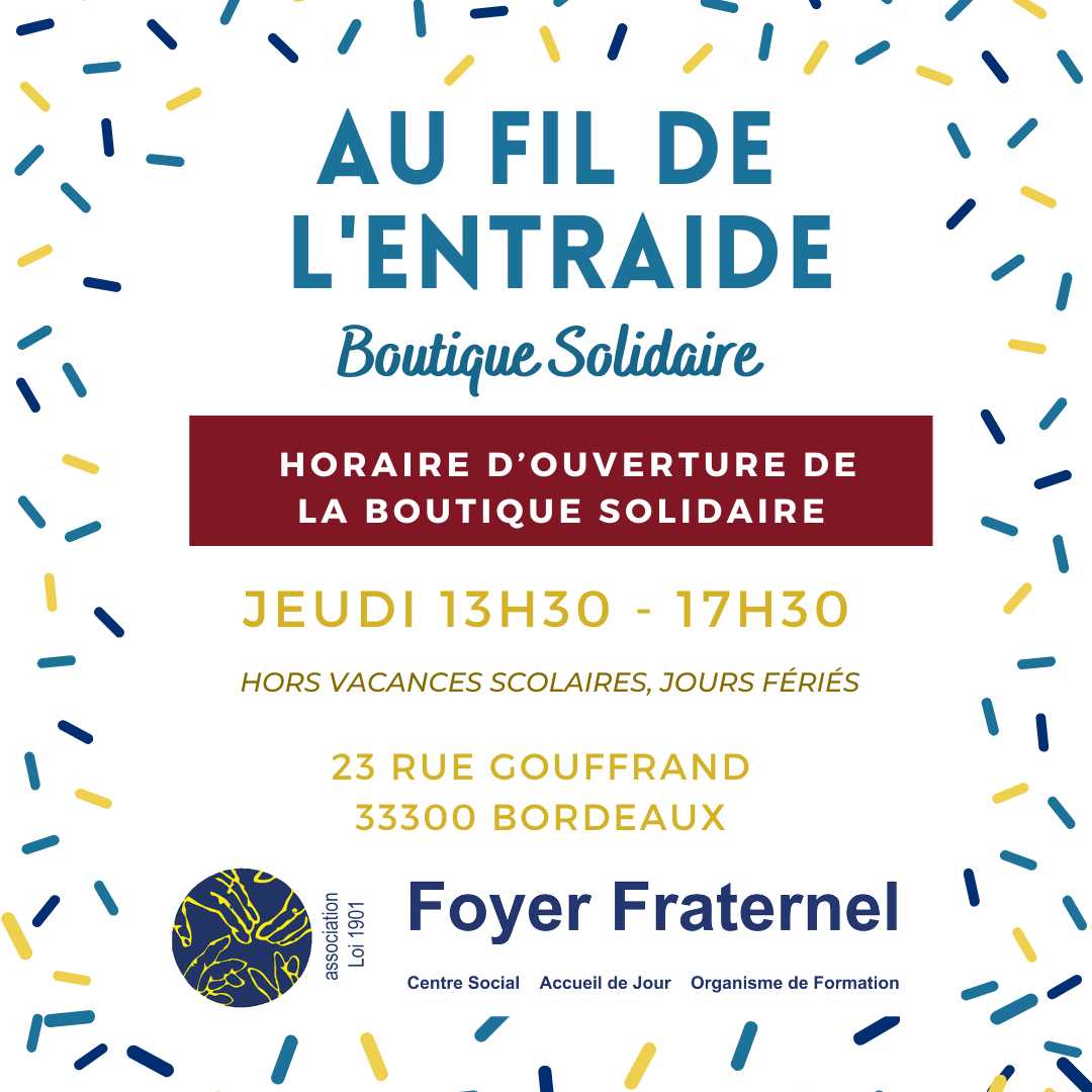 Visuel d'information des horaires d'ouverture de la boutique solidaire « Au Fil de l'Entraide » : jeudi de 13h30 à 17h30